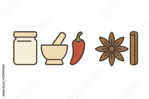 Cooking ingredients and preparation tools including mortar pestle chili star anise and cinnamon stick