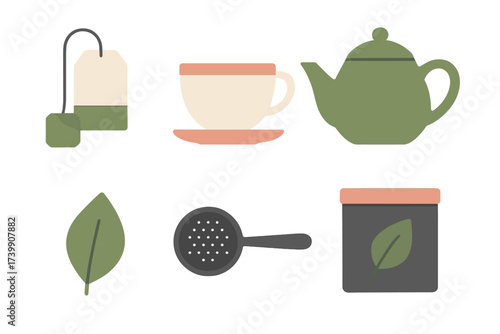 Selected objects for brewing and serving tea including a teapot cup strainer and teabag
