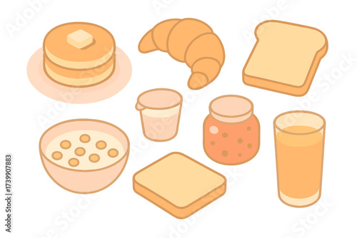 Classic morning meal elements including pancakes, croissant, cereal, jam, and orange juice in isometric view