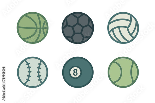 Six different sports balls set including basketball soccer volleyball and baseball