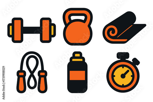 Essential fitness and gym equipment icons set including dumbbell, kettlebell, and yoga mat