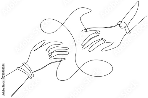 Single one line drawing 2 hands facing each other, with their little fingers connected by a rope. The bonds of friendship are getting closer. Pen Pal Day. Continuous line design graphic illustration