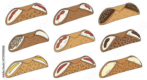 Set of assorted Italian cannoli pastries illustration.