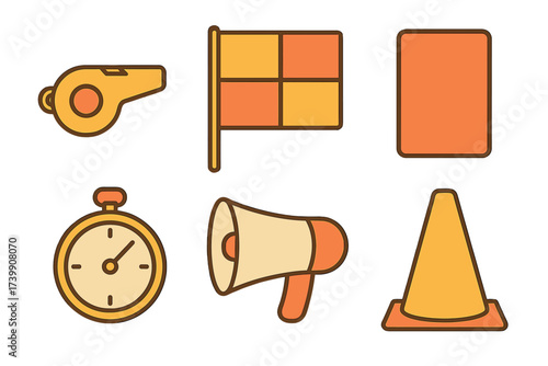 Referee and coaching equipment icons set including whistle, flag, stopwatch, and megaphone