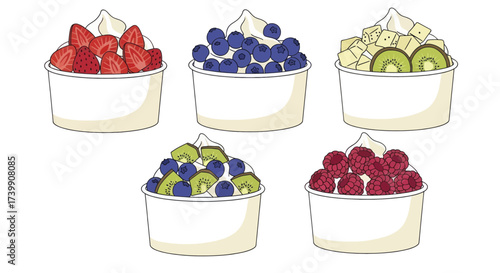 Set of five frozen yogurt cups with fresh fruit toppings illustration.