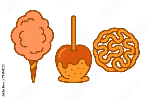 Classic carnival and fairground sweets including cotton candy, caramel apple, and fried dough dessert