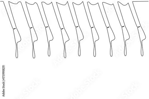 Single one line drawing 9 nail polish brushes in various colors with dripping polish. Equipment for painting on nails. Beauty. National Nail Polish Day. Continuous line design graphic illustration