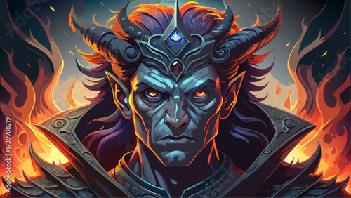 Close-up portrait of Hades, glowing fire eyes, surreal dark crown, fantasy aura, dreamlike god of underworld, mythical power, imaginative design, epic close-up artwork, legendary Greek deity.