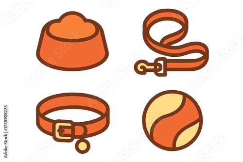 Set of essential pet accessories including collar, leash, food bowl, and toy ball
