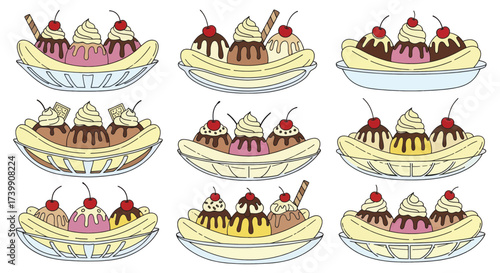 Set of nine delicious banana split ice cream sundaes.