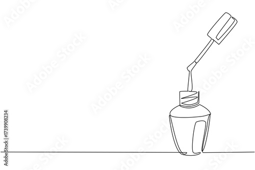 Single continuous line drawing nail polish bottle with brush raised. Modern beauty of women care equipment. The need to look beautiful. National Nail Polish Day. One line design vector illustration