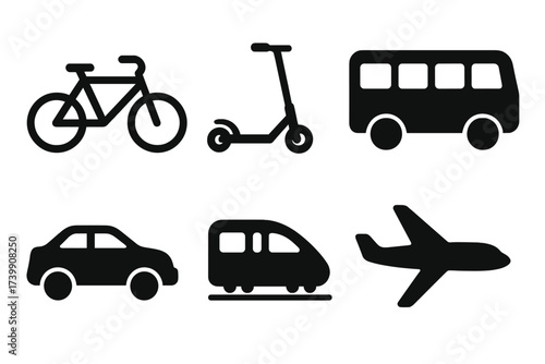 Black silhouette icons showing various modes of transportation including air, road, and rail travel