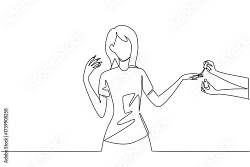Continuous one line drawing a woman has her nails painted by a pair of hands. Beauty therapy. Comprehensive care for charming. National Nail Polish Day. Single line draw design vector illustration
