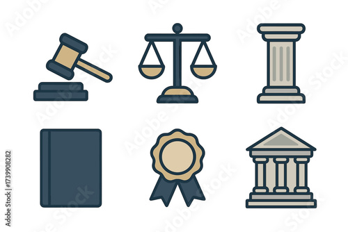 Set of flat design icons symbolizing legal concepts and justice authority