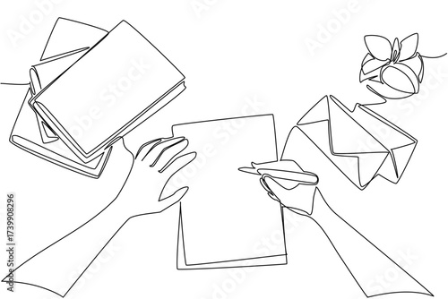 Single one line drawing a pair of hands writing on paper with a stack of books and paper envelopes. Write lots of messages to friends. Postal. Pen Pal Day. Continuous line design graphic illustration