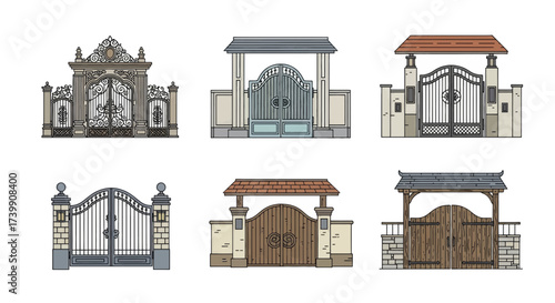 Collection of different style entrance gates vector illustration.