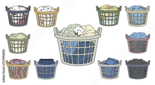 A colorful collection of illustrated laundry baskets filled with sorted clothes ready for washing.