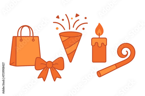 Orange celebration and gift icons set: shopping bag, decorative bow, confetti popper, candle, and party horn