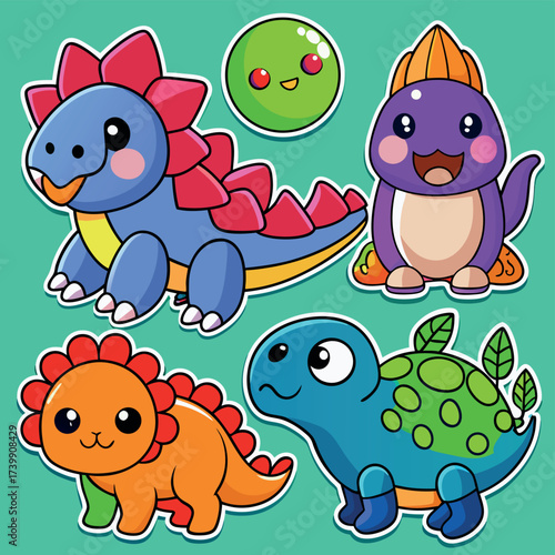 Cute kawaii dinosaurs and friendly green creature sticker pack for kids and animal lovers