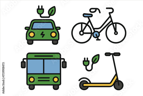Sustainable urban transportation symbols: electric car, bicycle, public bus, and e-scooter