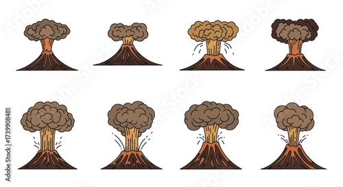 Set of cartoon volcano eruption icons and illustrations.