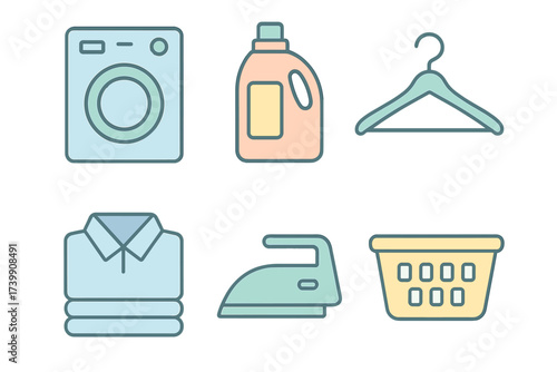 Colorful domestic laundry and cleaning icons showing washing machine, detergent, iron, and folded clothes