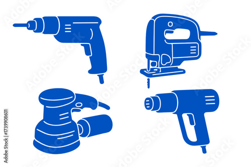 Collection of essential electric power tools including drill, jigsaw, sander, and heat gun icons