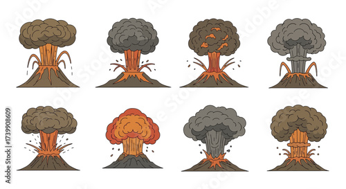 Set of cartoon volcano eruption illustrations with smoke and lava.