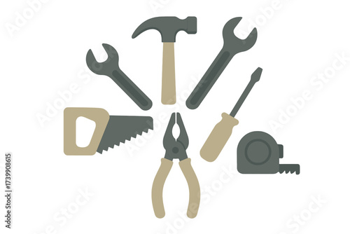 Essential collection of construction and repair tools arranged in a circular pattern on white background