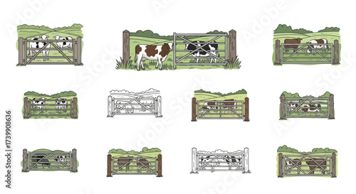 A collection of handdrawn illustrations featuring cows behind farm gates in a rural landscape.
