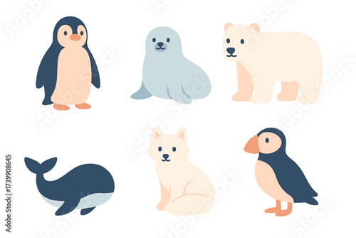 Flat design collection of cute polar animals (penguin, seal, bear, fox, whale, puffin)