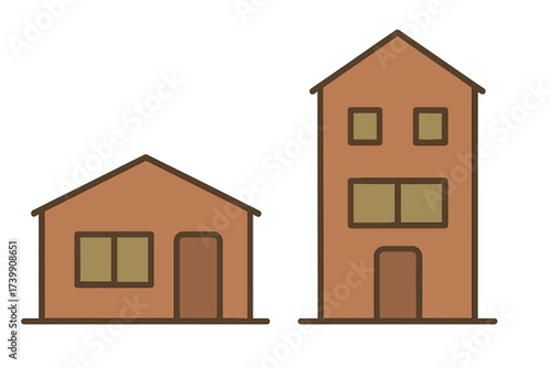 Two contrasting residential buildings, a small single-story house and a taller multi-story home