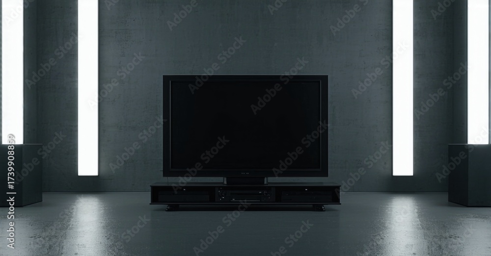 Fototapeta premium Minimalist room features dark television, sleek console. Vertical lights illuminate concrete walls, creating dramatic effect. Modern design.
