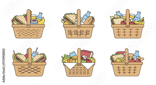 Set of six wicker picnic baskets filled with food and drinks.