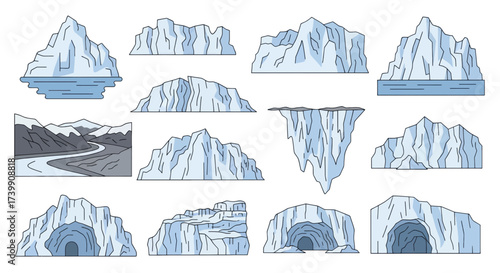 Set of Various Icebergs Glaciers and Arctic Landscapes.