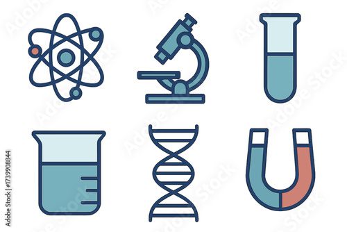 Scientific symbols and laboratory equipment icons for chemistry physics and biology