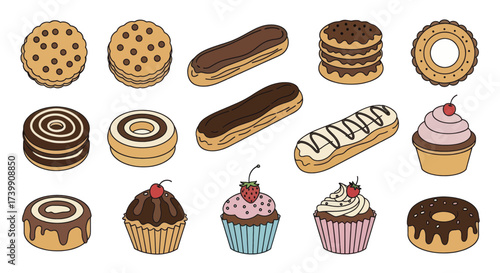 Colorful doodle set of cakes cookies and donuts.