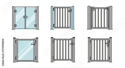 Collection of modern glass and metal gate designs icon set.