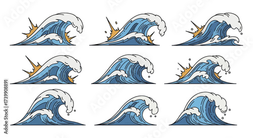 Set of nine stylized ocean waves in a traditional Japanese art style.