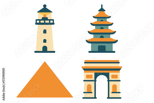 Famous world landmarks and architectural monuments set for travel and tourism