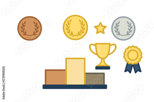 Colorful achievement symbols including winner podium, trophy, medals, star, and rosette