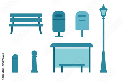 Urban infrastructure icons set featuring street lamp, bench, bus stop, mailbox, and trash can