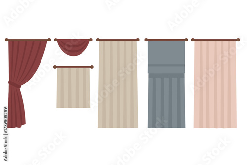 Collection of various colorful window curtains and drapes hanging on rods for interior design elements