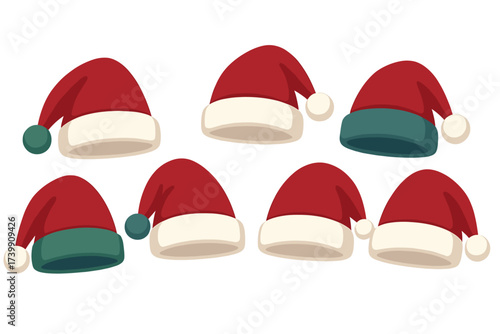 Collection of various festive Christmas hats including traditional red Santa caps and modern green variations