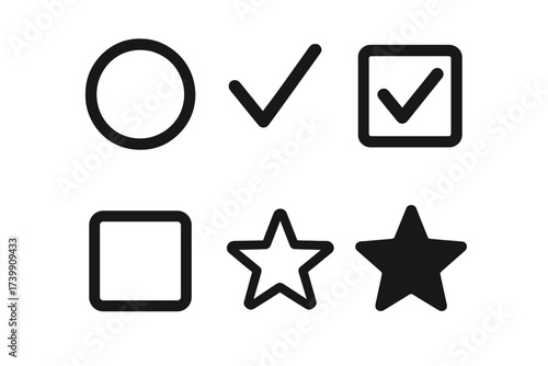 Essential user interface symbols including checkmarks, checkboxes, and rating stars