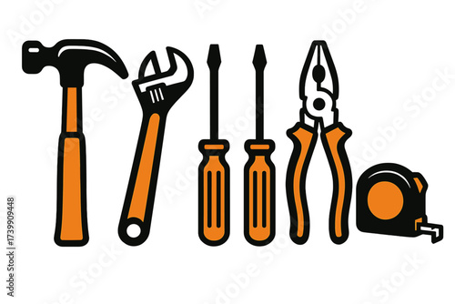 Collection of essential hand tools for home repair and DIY projects including hammer, wrench, and screwdrivers