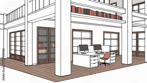 Illustration of a two story office space with desks computers and bookshelves in a minimalist style