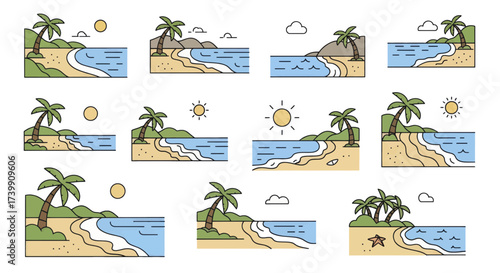 Set of stylized tropical beach icons with palm trees and ocean waves Summer vacation and travel concept.