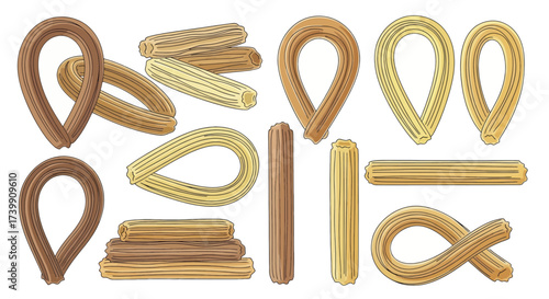 Set of delicious churros in various shapes and colors.