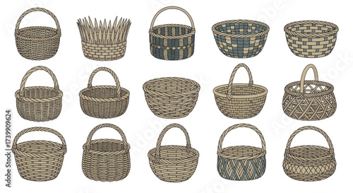 Set of various handwoven wicker baskets illustration.
